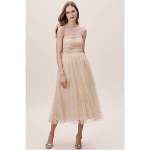 Anthropologie nude tule & gold star midi dress. Size 8